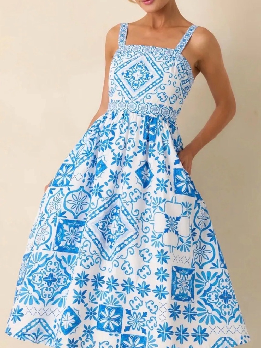 PROSPERINA LYDIA BLUE TILE PRINT COTTON MIDI DRESS